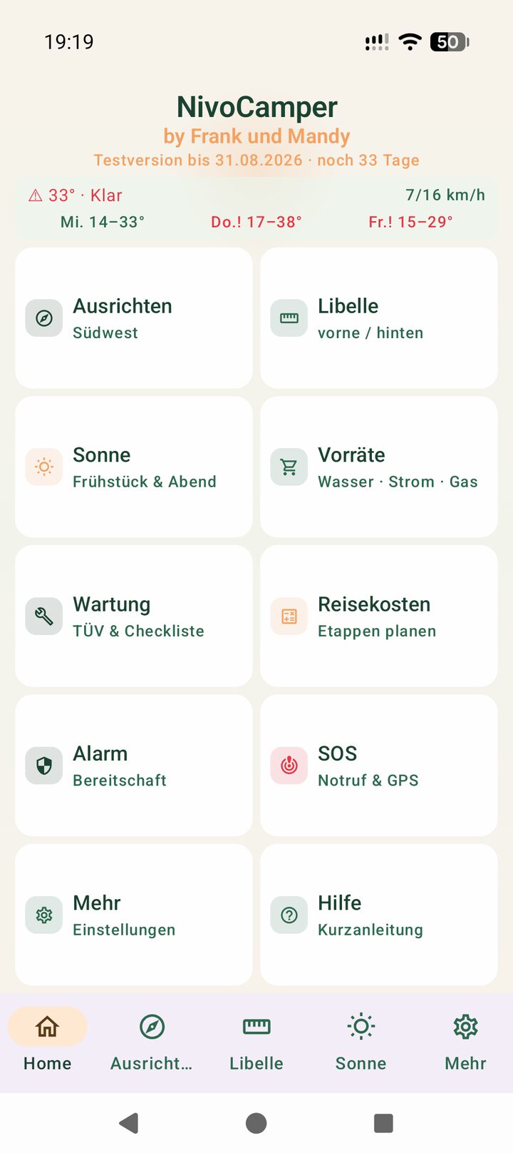 NivoCamper Home-Bildschirm mit allen Funktionen