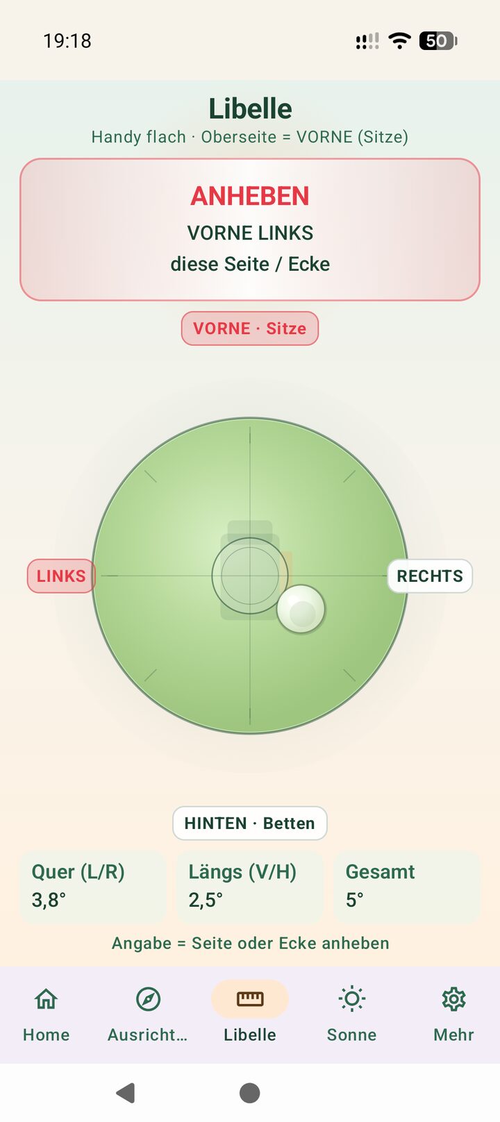 NivoCamper Libelle mit Hinweis VORNE LINKS anheben